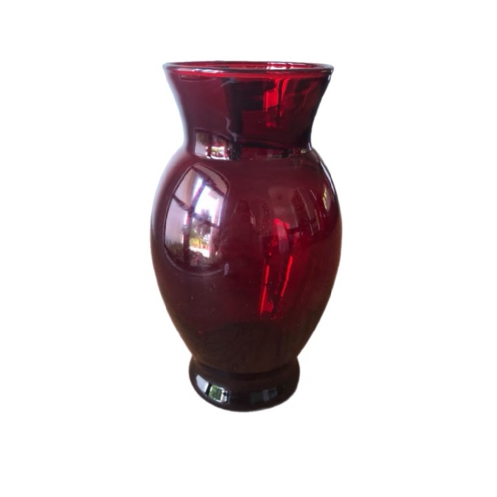 Vintage Deep Ruby Red Hand Blown Art Glass Floral Vase Anchor Hocking  6.5